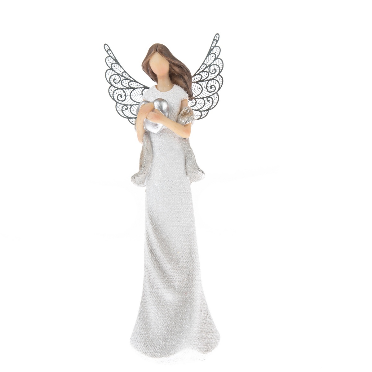 Polyresinový anděl se srdcem a kovovými křídly bílá