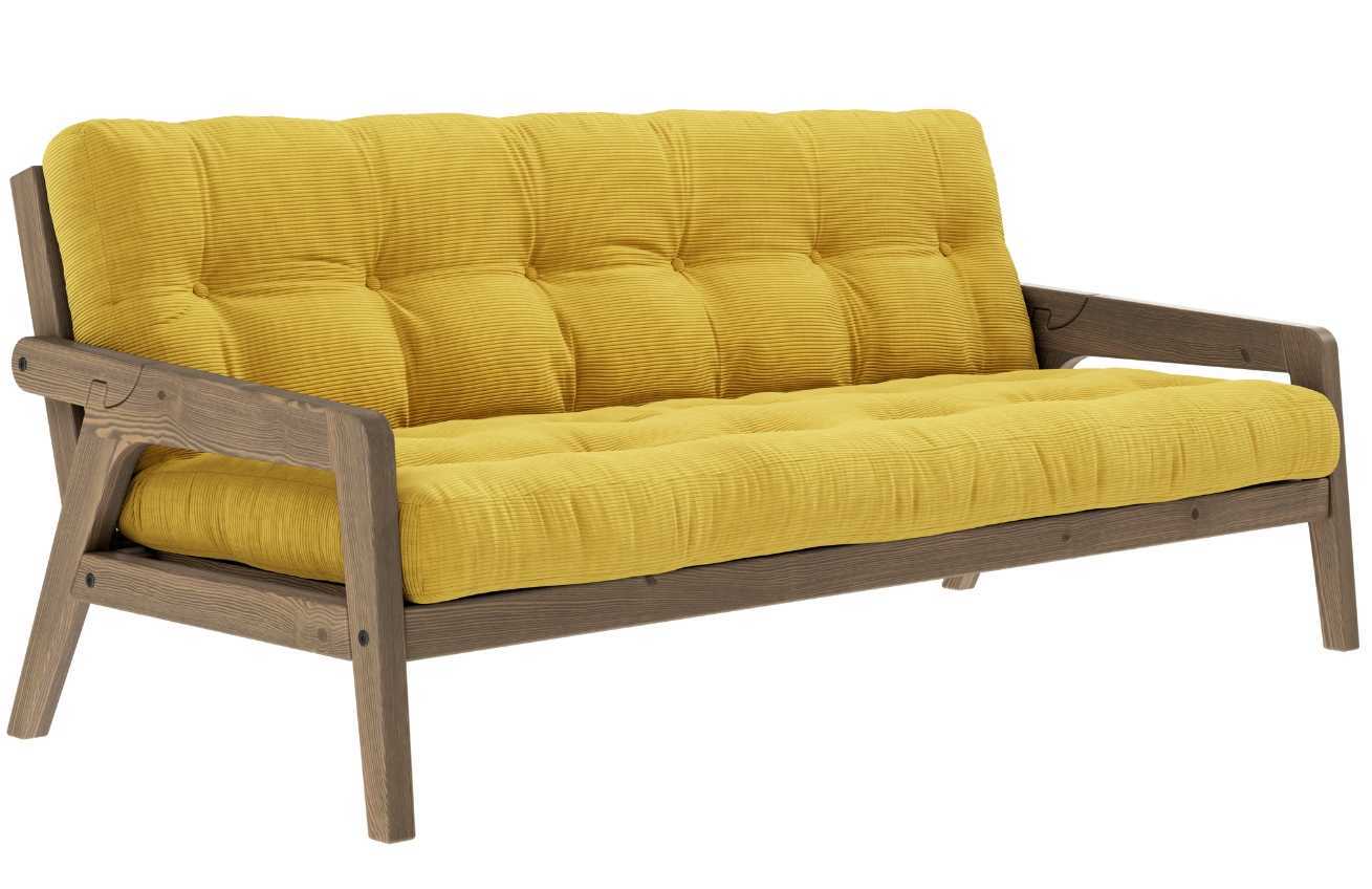 Žlutá manšestrová trojmístná rozkládací pohovka Karup Design Grab 204 cm s hnědou konstrukcí