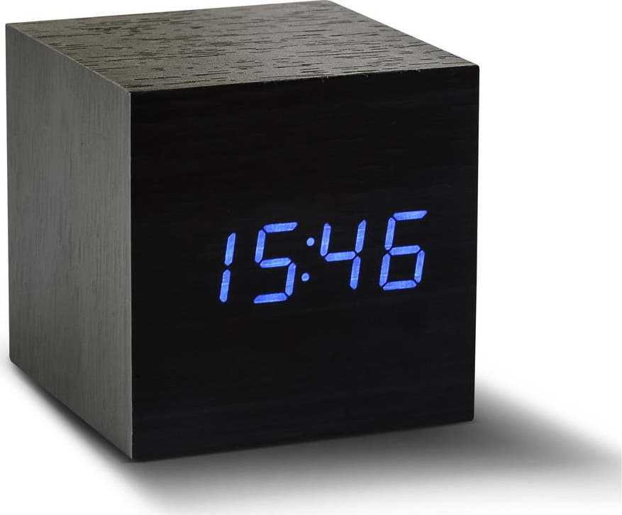 Černý budík s modrým LED displejem Gingko Cube Click Clock