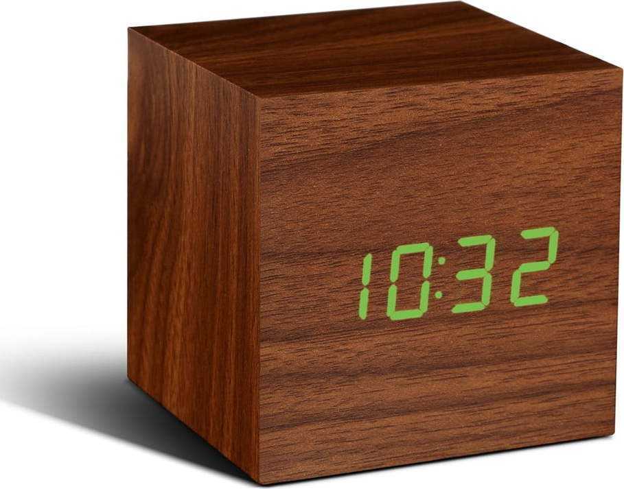 Hnědý budík se zeleným LED displejem Gingko Cube Click Clock
