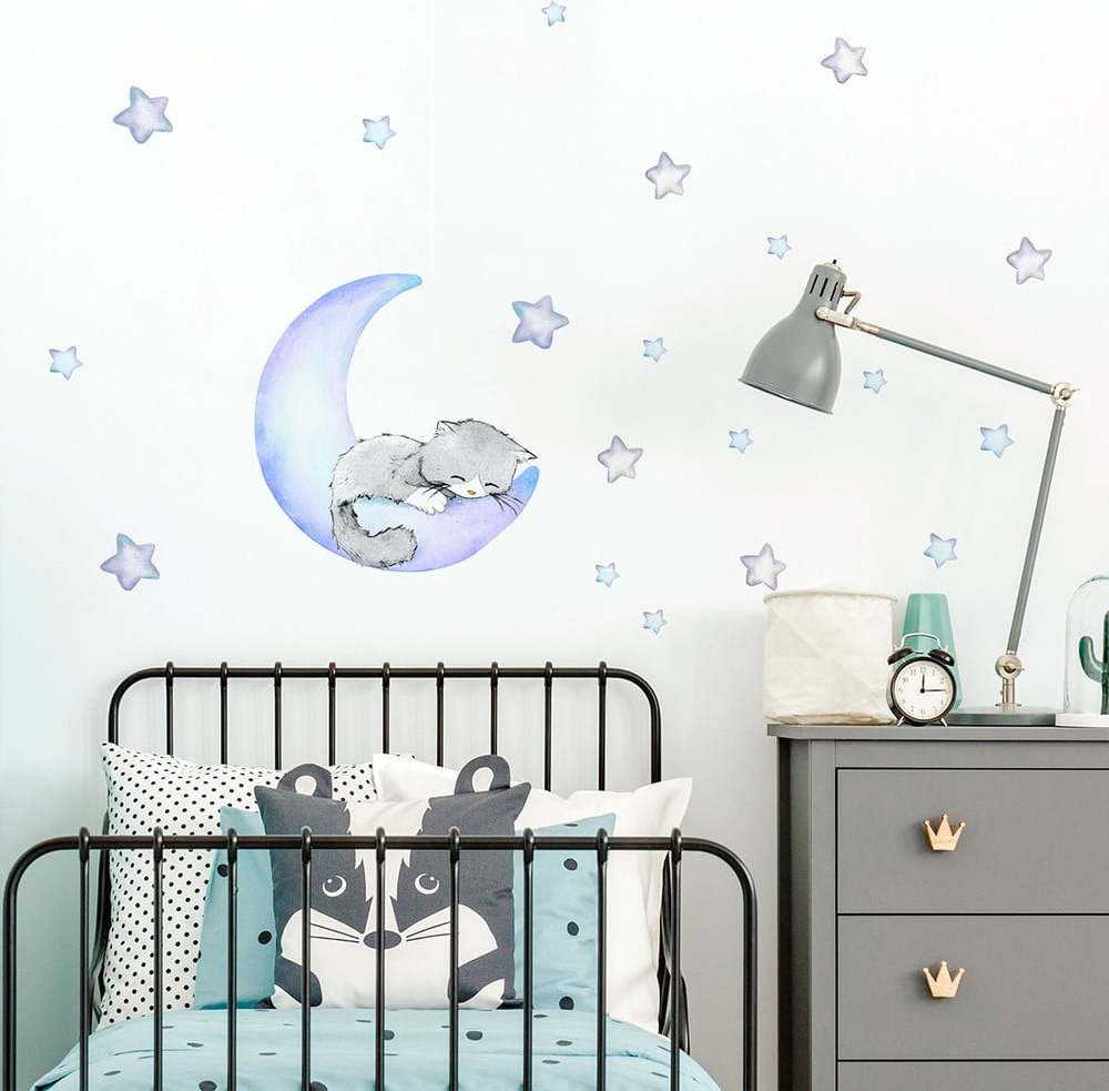 Modré dětské samolepky na zeď Ambiance Magic Cat
