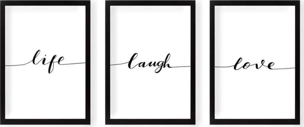 Sada plakátů v rámu 3 ks 24x29 cm Life Laugh Love – Vavien Artwork