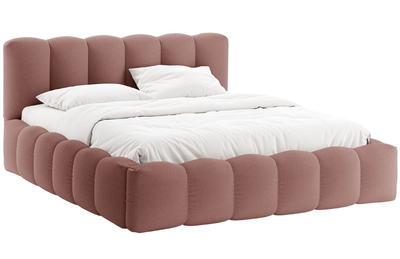 Růžová čalouněná dvoulůžková postel MICADONI Lupine 200 x 200 cm s úložným prostorem