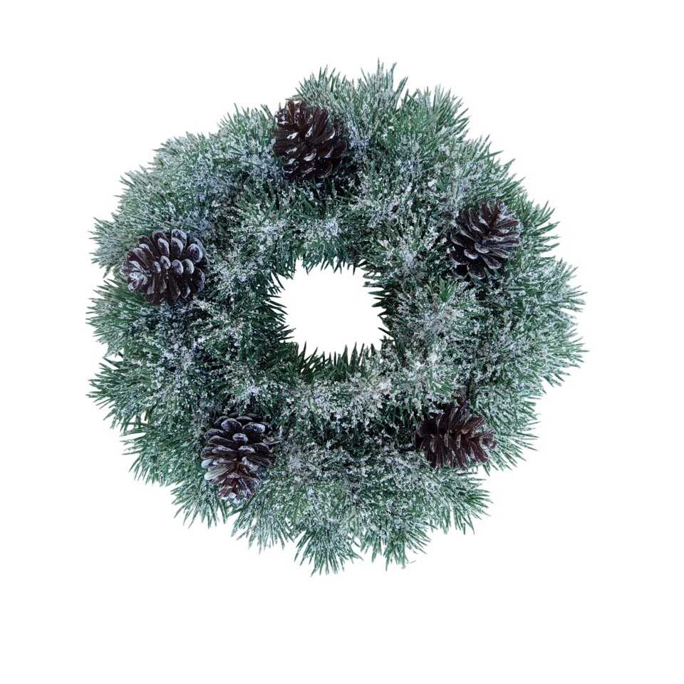 Plastový věnec zasněžený se šiškami