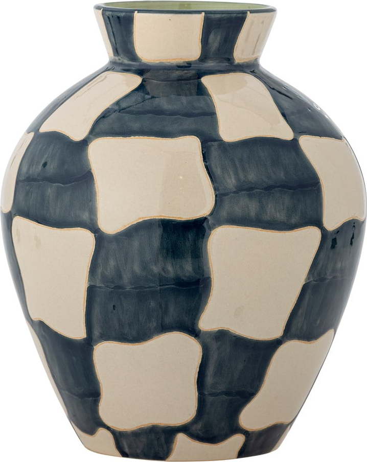 Modrá/krémová skleněná ručně malovaná váza (výška 24 cm) Check – Bloomingville