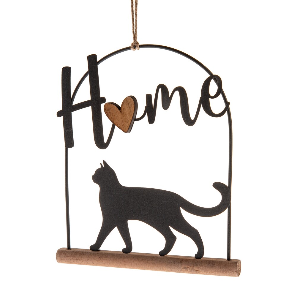 Kovová závěsná  dekorace na dřevěném základu Kočka