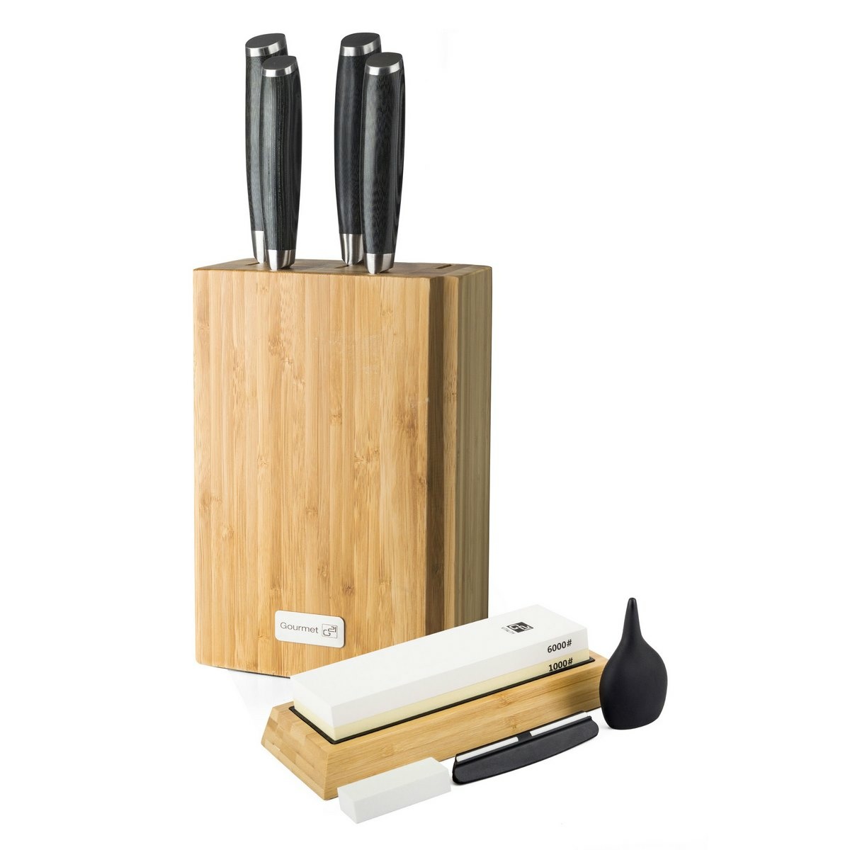 Sada nožů G21 Gourmet Damascus v bambusovém bloku 4 ks + brusný kámen G21