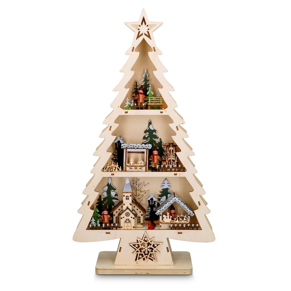 Solight LED dřevěný vánoční stromek s dekoracemi