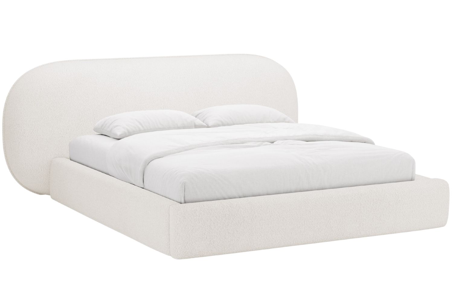 Bílá bouclé dvoulůžková postel MICADONI Ovalo 180 x 200 cm s úložným prostorem