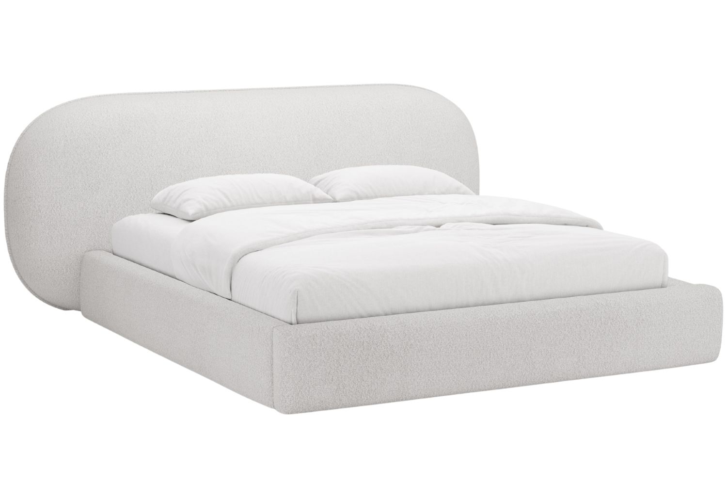 Světle šedá bouclé dvoulůžková postel MICADONI Ovalo 160 x 200 cm s úložným prostorem