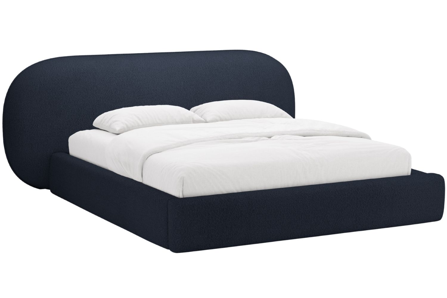 Tmavě modrá bouclé dvoulůžková postel MICADONI Ovalo 160 x 200 cm s úložným prostorem