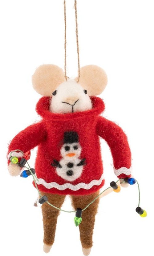Textilní vánoční ozdoba 6 cm Mouse in Snowman Jumper with Fairy Lights – Sass & Belle