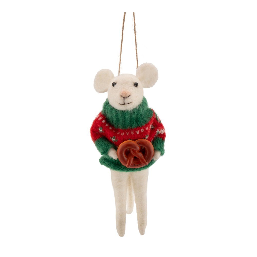 Textilní vánoční ozdoba 6 cm Mouse with Pretzel – Sass & Belle