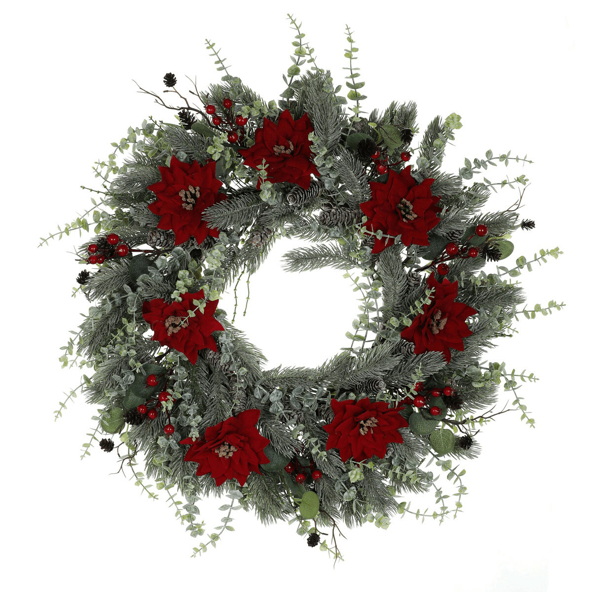 Umělý adventní věnec s vánoční růží a eukalyptem